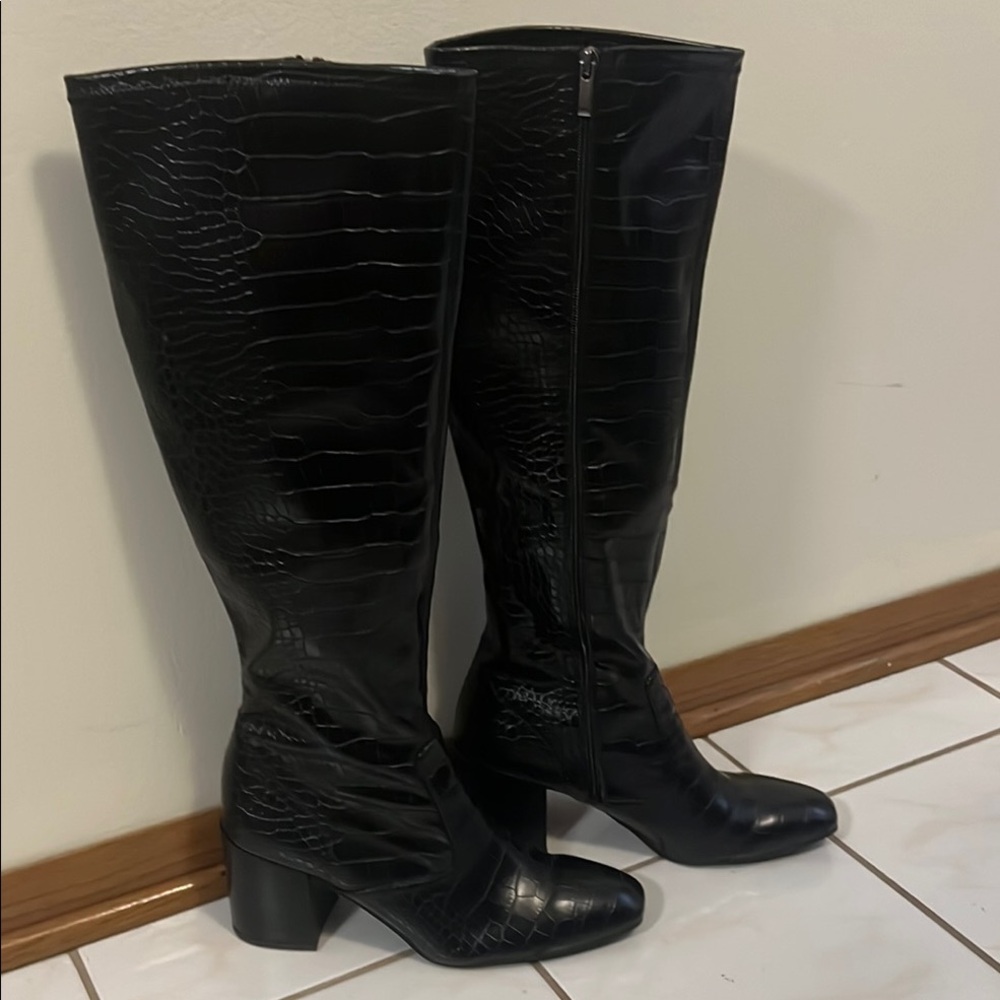 Franco Sarto Black Heeled Boots with Sleek Patent Finish
